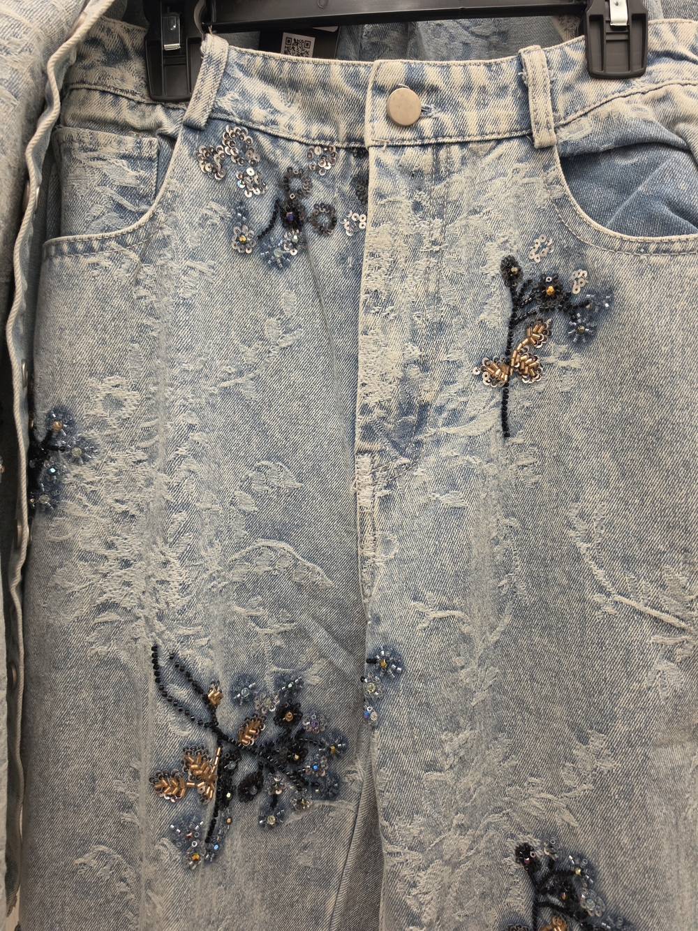 Light Blue Floral Embroidered-Lace detail Denim Shaket And Pant Set - Women-SM - Picture 9 of 16